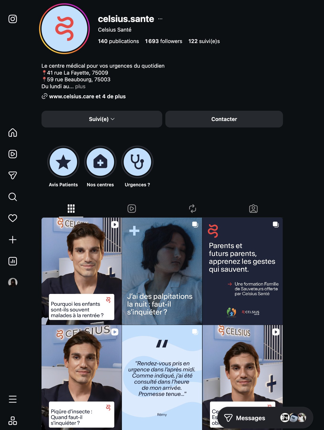 Compte Instagram @celsius.sante avec les Reels tournés avec les médecins